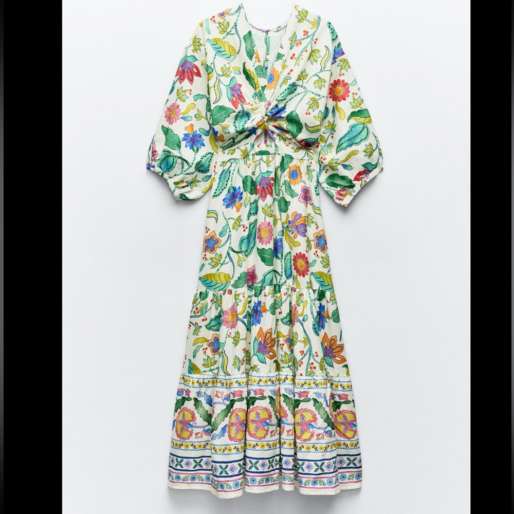 PRINTED LINEN BLEND KNOTTED DRESS - Picture 13 of 16